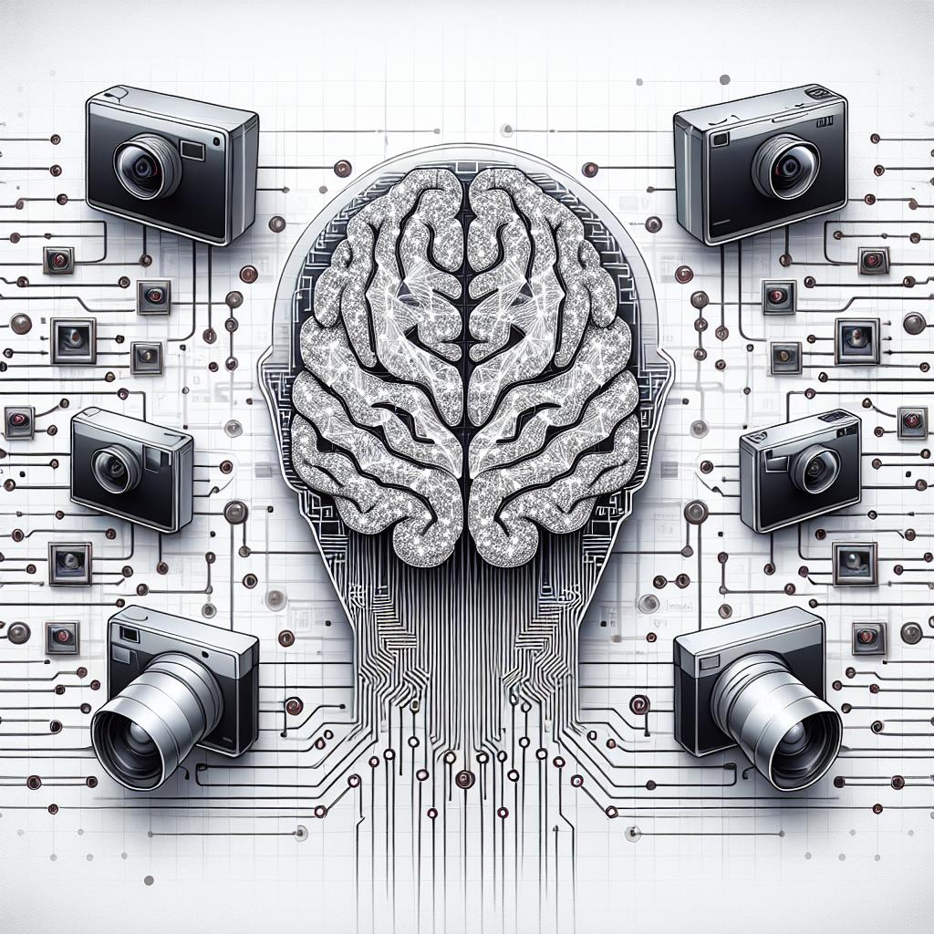 Consider creating an image in a corporate, streamlined vector art style, with the perspective being 2D and linear. The image is set against a plain, white and texture-less background, symbolizing a new era of limitless learning in Artificial Intelligence as indicated by Ilya Sutskever at NeurIPS 2024. Central to this image is a neural network surrounded by cameras that symbolize the capture of real-world data. Electronic circuits indicate the connection between this data and AI, flowing into a digital brain, which represents the developing artificial intelligence. The background features elements from the physical world to illustrate the interaction between AI and reality.