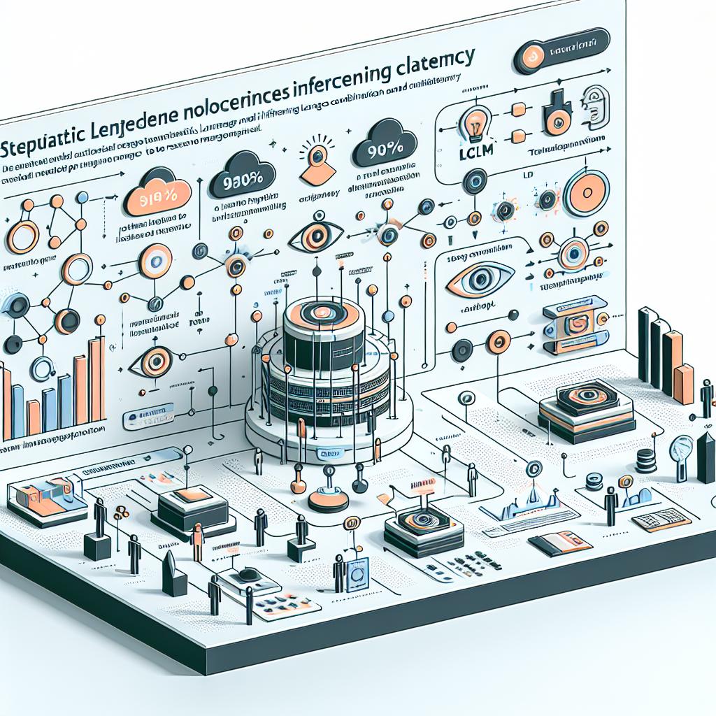 Create a 2D, linear perspective infographic, in a corporate, flat, vector style on a white untextured background, detailing the speculative decoding process implemented by the fictional tech company, Baseten, in TensorRT-LLM, a technique aimed to optimize Language Model inferencing by reducing latency up to 90%. Illustrate the significant technical challenges and needed innovative solutions in model coordination and resource management. Include bar graphs or line charts to represent latency reduction, icons representing Artificial Intelligence models and GPUs, and diagrams showcasing the coordination between the models.
