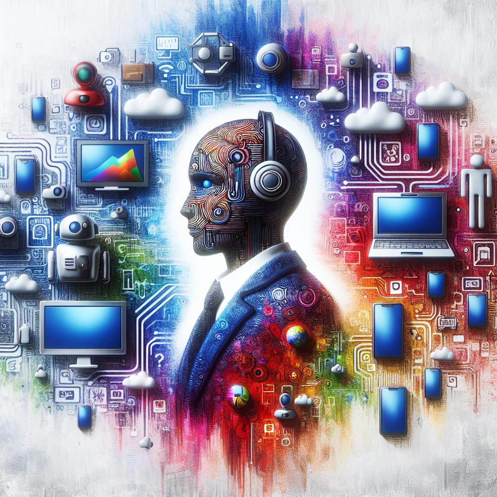 Imagine a 2D, Vectorial and Corporate style image representing the fusion of technology, AI, and video communications. At the center of a white, textureless background, there's an AI avatar symbolizing video technology, in a modern corporate environment. Clusters of digital devices including laptops, tablets, and smartphones symbolize modernity and connectivity. All elements in the image - from the avatar to the devices, flaunt vibrant colors to transmit a feeling of innovation and dynamism.