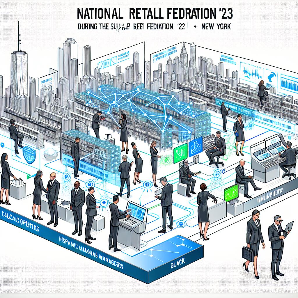 Create an artwork simulating a 2D, linear perspective. The setting should be during the National Retail Federation '25 in New York. Depict a complex supply chain network with people of diverse descents and genders, representing different areas of the supply chain, such as Caucasian operators, Hispanic managers, and Black suppliers, interacting with digital screens symbolizing technology and AI in monitoring the chain. There should also be digital lines or connections signifying data paths that show information transfer. The design should be in a vector, flat, and corporate style. The background should be white and texture-less, and the art should include vibrant colors symbolizing innovation and dynamism.