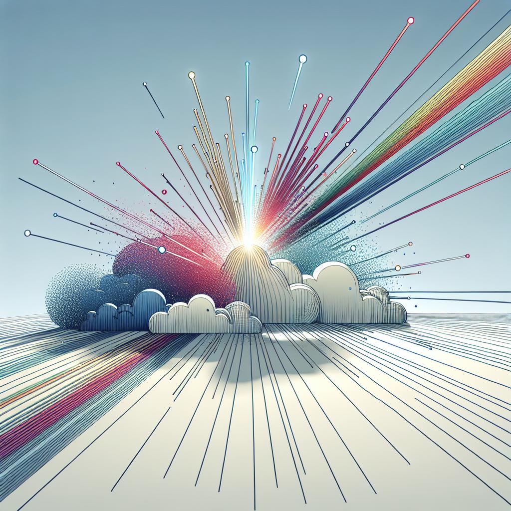 Picture a 2D, linear perspective image that is corporative, flat, and vectorial in style. The scene depicts multicoloured rays of light, representing laser communications, piercing through clouds, symbolising climatic challenges. These rays should be dynamic, suggesting progress and innovation. The entire image is set against a white, untextured backdrop. These elements come together to symbolize the recent developments in predicting the impact of climate on optical laser communications, which are designed to mitigate data packet loss due to atmospheric effects such as turbulence and clouds, a growing need in commercial satellite constellations.