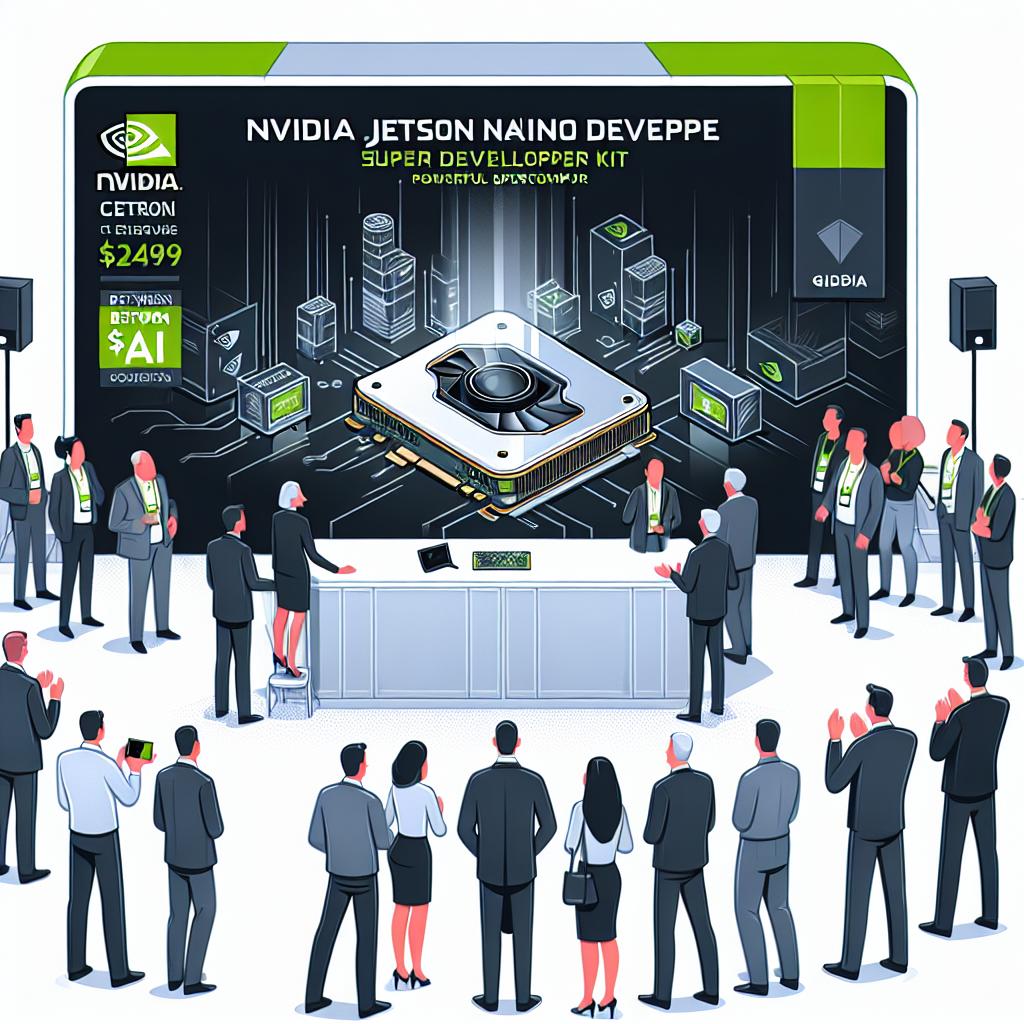 Capture an event at CES 2025 where Nvidia unveils the NVIDIA Jetson Orin Nano Super Developer Kit. This compact personal supercomputer, promising to ease the work of developers, enthusiasts, and students, should reside on a demonstration table. This kit, priced between $249 - $499, displays powerful AI capabilities. People of different descents and genders, interested spectators and Nvidia representatives alike are gathered around the table, indicative of the high anticipation. The style is flat and vector-like, corporate yet inviting. A white, untextured backdrop sets the scene, whereas a technology-inspired background conveys an ambiance of innovation. Include a stylized representation of the Nvidia logo to symbolize the brand.