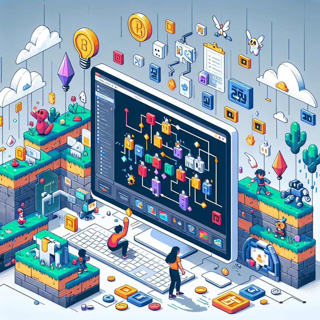 Create a 2D linear perspective digital vector imaging representing a game development environment. On October 17, 2024, prominent Discord community member ShawnBuilds introduces a comprehensive guide to developing platformer genre games without the need for programming skills, utilizing the Rosebud AI Game Maker platform. The image illustrates a computer screen displaying the Rosebud AI Game Maker interface surrounded by platformer game graphic elements like game characters figures and typical platform-like scenarios. A stylized figure of a game player is seen interacting with the game creation. Use a flat, corporate style with a white, untextured background. Add vibrant colors to depict the fun nature of games and include additional elements like game coin icons and scoreboards.