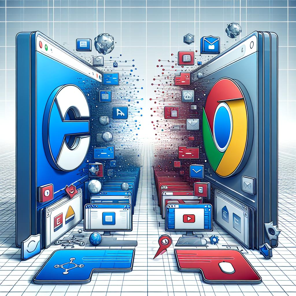 A 2D, linear perspective image with a flat, corporate concept using a vector style on a white, untextured background. The composition depicts the battle between two internet browsers, one represented by blue colors and the other by red colors. These browsers are manifested by the logos of Microsoft Edge and Google Chrome, prominently featured. Stylized graphics of data being transferred symbolize the migration of information from one browser to another. Artificial intelligence icons, hinting at technologies like Copilot, are included. The scene is also filled with elements of user interaction, such as clicks and pop-up windows, suggesting the user experience.