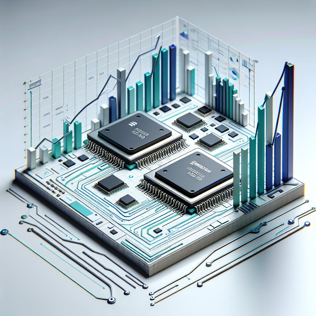 Render a 2D, flat-style, corporate-inspired vector image against a plain white non-textured background. The image should depict Broadcom's semiconductor chips in sharp detail, symbolizing the company's focus on high-tech innovation. These chips should be incorporated into cool-colored growth charts, which suggest a rise in sales and a market evaluation, indicative of the company's breakthrough in the AI chip market. Set all these against a digital-themed backdrop to reflect the high-tech environment that the company operates within.