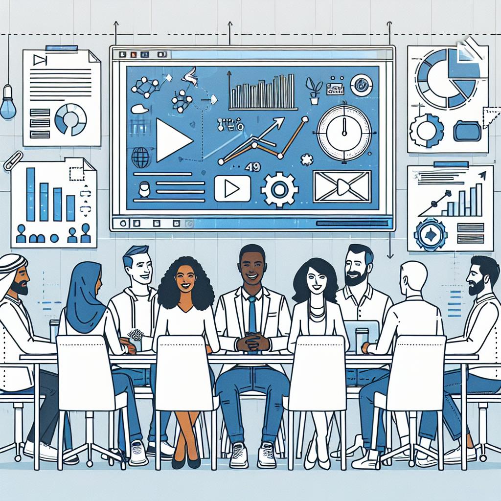 An image adhering to a corporate, vector, and flat style depicting a 2D linear vision of a modern inclusive marketing team comprised of different people, discussing video content creation strategies in a meeting room. There is a white, untextured background. The team is inclusive, containing a Middle-eastern man, a Caucasian woman, a black man, a Hispanic woman and a South Asian man. They surround a table with plan graphs and notes symbolizing video planning and strategy displayed on a screen in the background, all indicative of innovation and technology.