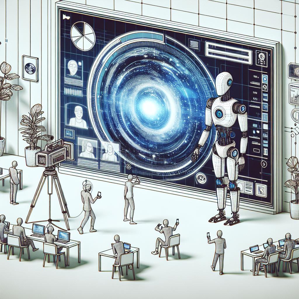 Create a 2D, linear perspective illustration in a vectorial, flat, corporate style. The scene is set within a textureless white backdrop, symbolizing a digital environment. Populating this environment are realistic AI avatars, each interacting within this digital world, their designs emphasizing the newest advancements in Artificial Intelligence technology. Additionally, this digital world is pervaded with a video interface, strongly hinting at the platform's novel video production feature. The composition's sole purpose is to represent the innovative capabilities of the Synthesia 2.0 communications platform launched on September 16, 2024.