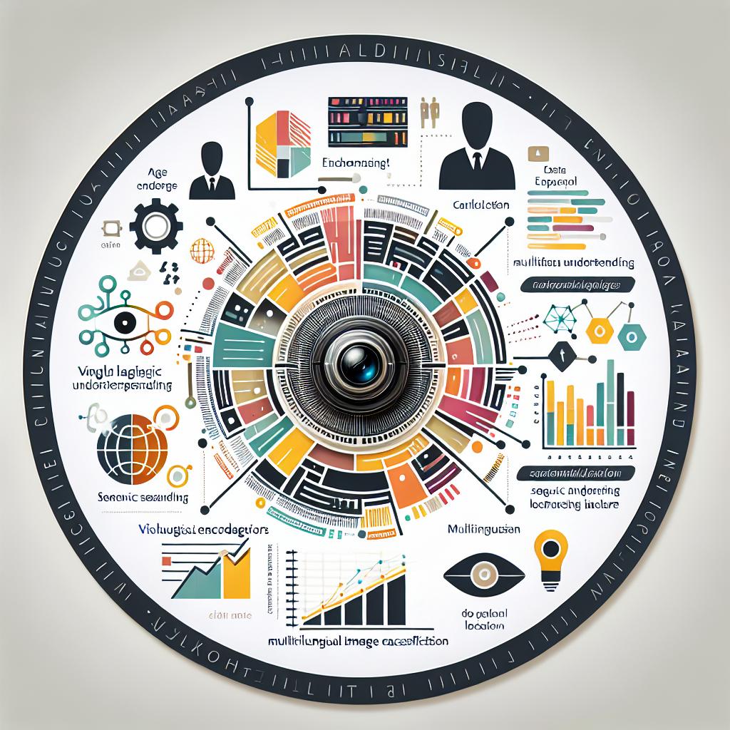 Create a 2D, vector-style, corporate image with a white and textureless background. The main focus should be a graphic representation of the SigLIP 2 model performing single label image classification. Emphasize visual-linguistic encoders enhancing semantic understanding and multilingual localization. Use vibrant colors to indicate innovation and technology. Incorporate multilingual icons to display the model's ability to operate in different languages. Include data charts and visualizations to illustrate how the model processes information.