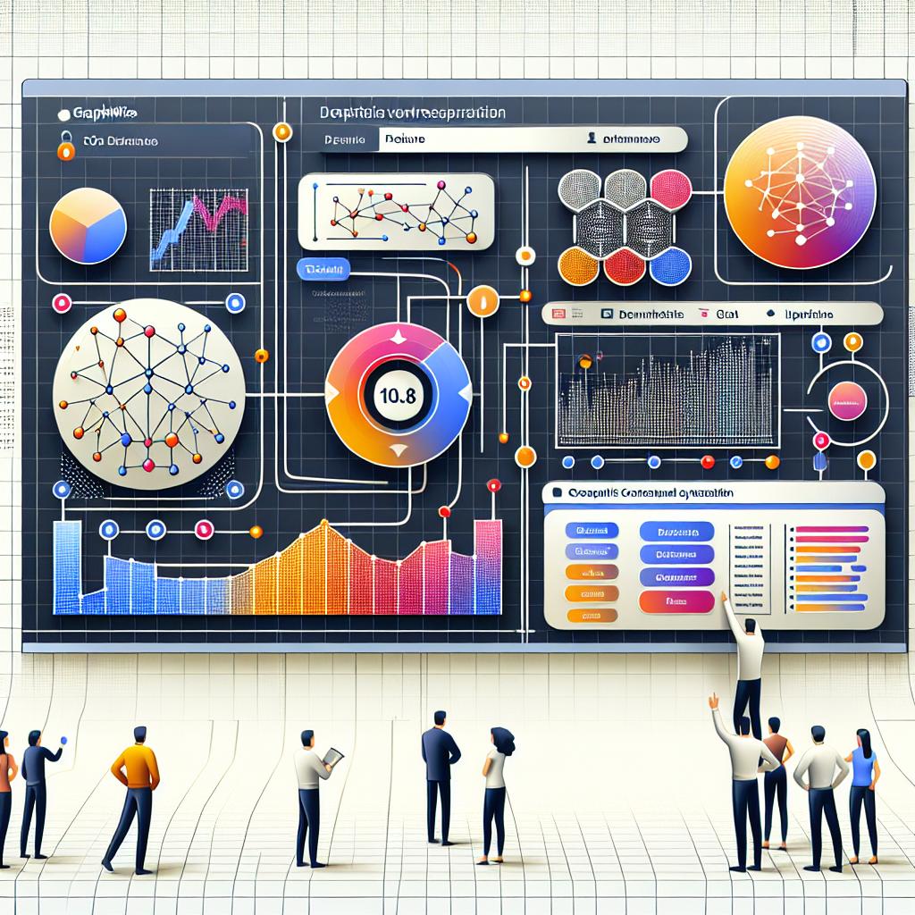 Create a detailed 2D, flat, vector-style image in a corporate theme on a white and textureless background. The focal point of the image should be an interactive representation of the GraphDB 10.8, the new version of Graph AI provided by Graphwise. The visualization must highlight its main features on a modern and interactive interface with prominent data graphs. Also, include users of various descents and genders interacting with the interface to demonstrate the system's accessibility. Utilize vibrant colors to emphasize the software's functions, thereby symbolizing innovation and technology.