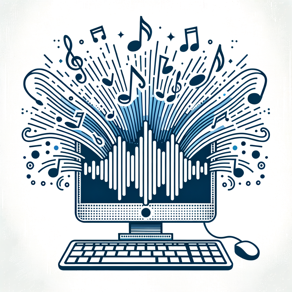 Create a flat, corporate style 2D vector image in a linear perspective. The image should have a white, textureless background. The main focus is a computer, emanating musical notes and sound waves from its screen, signifying the creation of audio. The words 'Stable Audio Open' should prominently feature in the image, signifying the name of the model. The predominant color palette for the image should be shades of blue and white to symbolize innovation and technology.