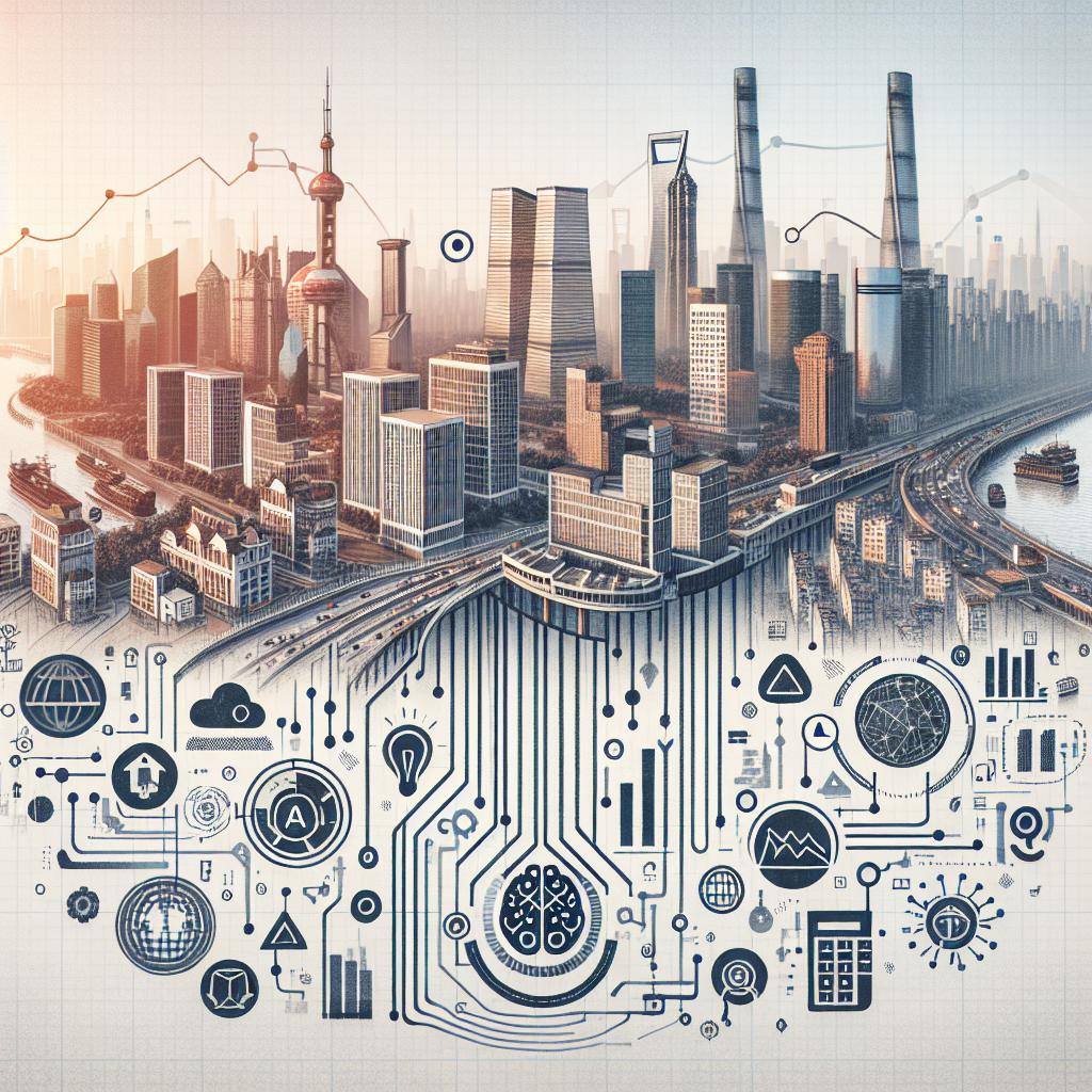 Create a 2D, linear perspective image with flat, corporate style. The main theme is the expansion of a leading artificial intelligence technology development company in China, symbolized by growth charts and visual elements of artificial intelligence, including representations of data and technology. The backdrop of the image is a white and textureless background. Additional elements to be included are graphics illustrating the company's growth projections, AI icons symbolizing innovation and technology in artificial intelligence, and scenes of urban Shanghai to contextualize the location of the company.
