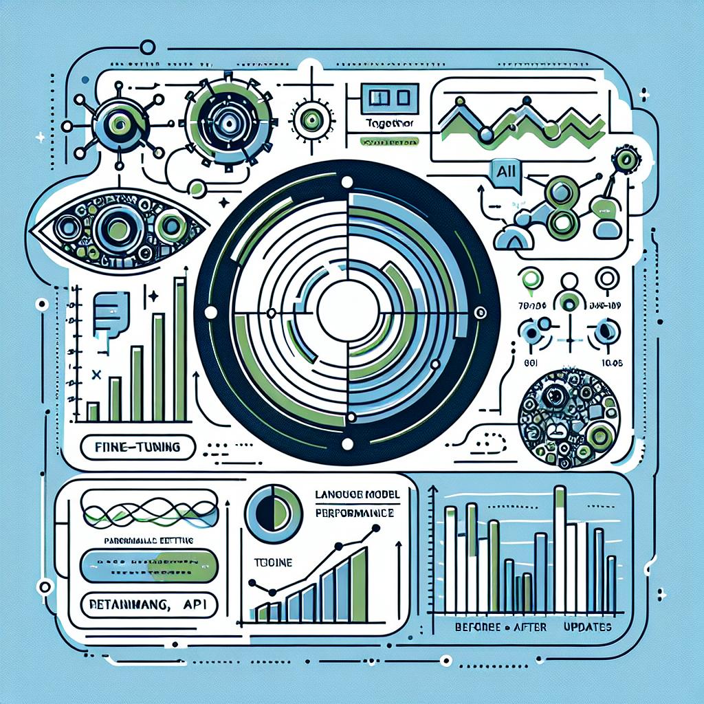 Create a 2D, linear, corporate-style vector image with a white, textureless background. In the center, visualize the Together's Fine-tuning API in action. This may include a sleek, user-friendly interface with training data and parameter settings displayed. Accompany this with graphical visualizations of language model performance before and after updates - perhaps bar graphs or line charts that reflect significant improvement. Add additional AI icons to symbolize technology and innovation. Use a blue and green color palette to convey a sense of professionalism and reliability.
