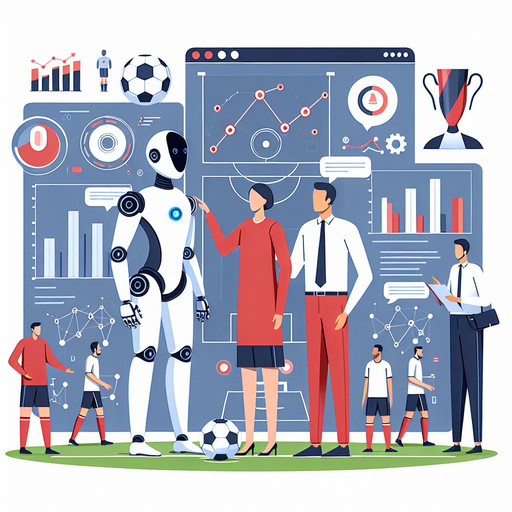 Create a 2D, linear perspective, vector-styled image with a plain white background. Capture a conceptual depiction of technology's impact on managing football teams, illustrating an AI-driven chatbot interacting with a team analyst, who represents a diverse range of people. The analyst, generated in a gender-neutral way from a broad range of ethnic backgrounds like Middle-Eastern, Asian, Caucasian, etc., is surrounded by graphs and data, symbolizing performance analysis and data-driven decisions. Include a football-related backdrop to reinforce the theme. The illustration should maintain a corporate and flat style.