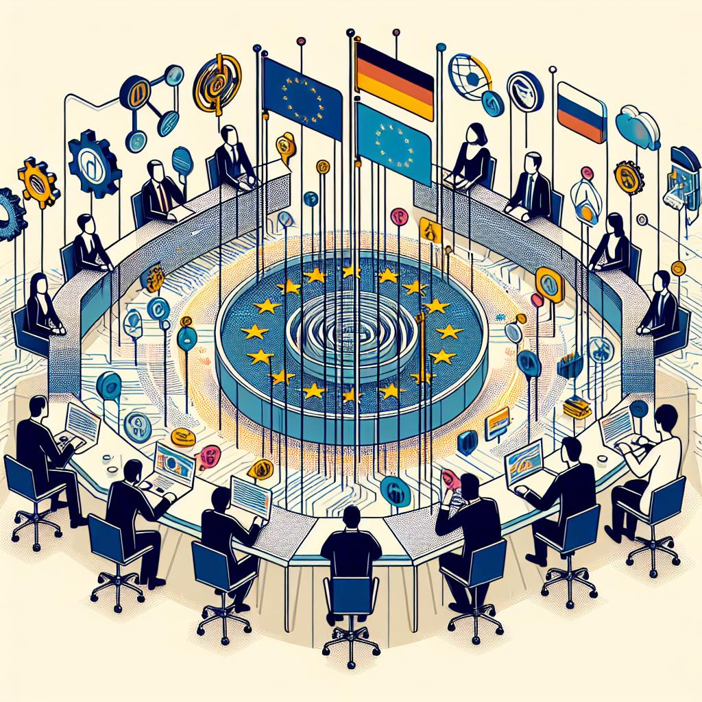 Create a 2D, linear perspective image in a corporate, flat, vectorial style. The image should depict the complexity of Artificial Intelligence governance and show various stakeholders involved in discussions about the Code of Practice. Set against a white, textureless background, the image should include the following elements: the flag of the European Union, symbolizing the jurisdiction of the EU AI Act; technology symbols, highlighting the focus on AI; diverse groups of people of various racial descents and gender, symbolizing inclusivity; and network connections, illustrating collaboration among various entities. Also incorporate quotes on tech regulations within the image, reflecting the central discussion of the article.