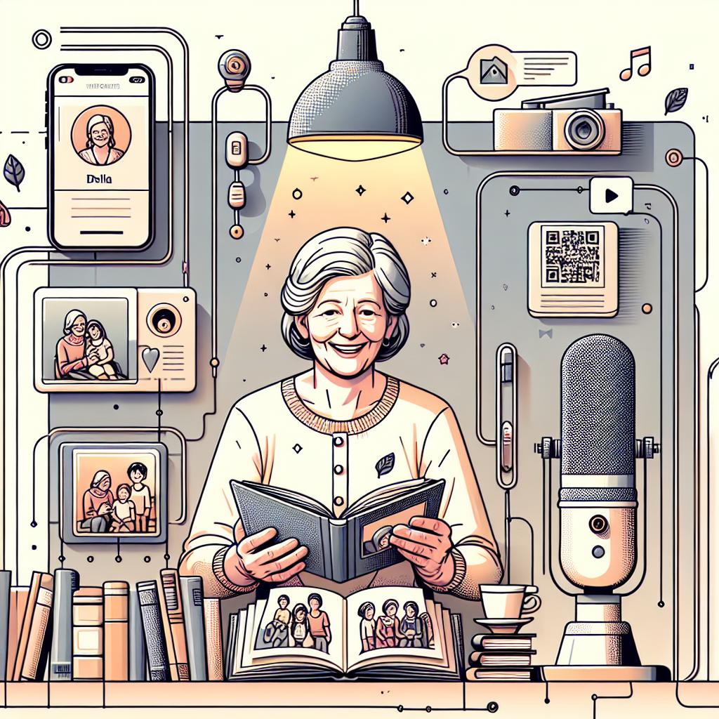 The image depicts a woman, Della, who was diagnosed with ALS. We see her in a cozy environment, reading children's books for future generations, with hopeful smile and surrounded by recording technology. It's a 2D, linear perspective image in vector, corporate, and flat style on a white, textureless background. Key components include children's books representing Della's literary legacy, innovative recording technology symbolizing the preservation of memories, soft lighting creating a homely atmosphere, a QR code visualizing the accessibility of the recordings, and Della's smile reflecting familial hope and love.