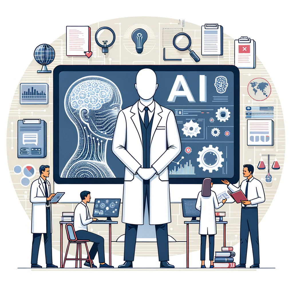 Create an illustration featuring an AI scientist within a collaborative research environment, emphasizing the synergy between humans and machines. The image should be in a vector style with a flat, corporate feel and presented from a 2D, linear perspective. The scientist should be drawn in reflection of a typical research setting, standing next to a computer displaying AI algorithms, signifying ongoing research. Additional elements should include individuals collaborating, symbolizing human-machine cooperation, as well as books and papers, denoting continual learning and knowledge dissemination. Lastly, incorporate a map displaying Africa and Eastern Europe, alluding to educational initiatives in these regions. Use a clean, white, textureless backdrop for this composition.