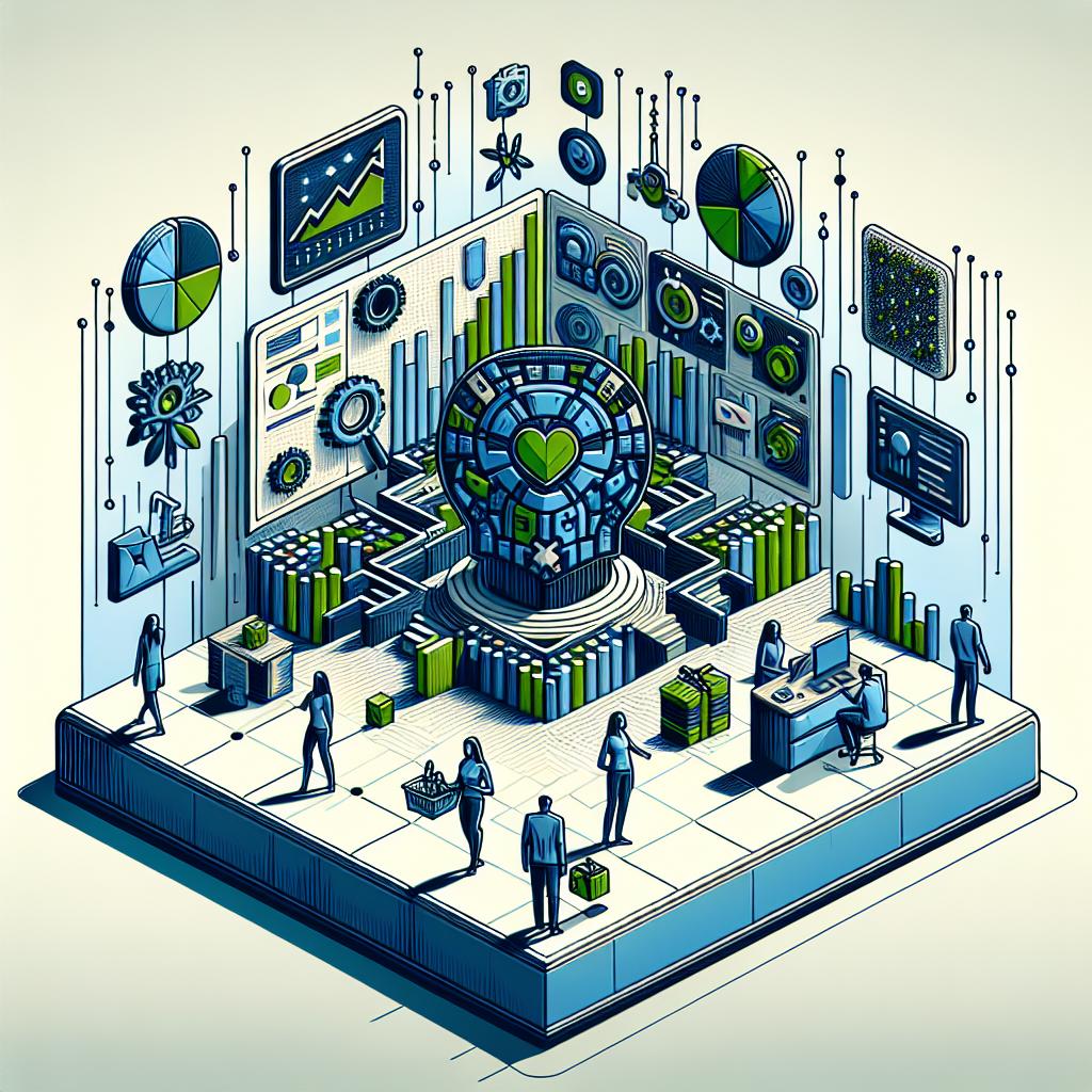 Craft an image in a flat, corporate, 2D vectorial style, rendered in a linear perspective. The image setting is on a plain white, textureless background. At its heart, it illustrates the innovative e-commerce platform by the artificial intelligence startup 'Perplexity'. A central component of the composition is the brand's logo which reinforces the company's identity. Arrayed around the logo are various product charts representing the platform's new searching and shopping functionalities. The scene also includes silhouettes of users engaging with these tools, reflecting user interaction with the new features. The palette is fresh and modern, with a strong presence of blues and greens, symbolizing innovation and technology.
