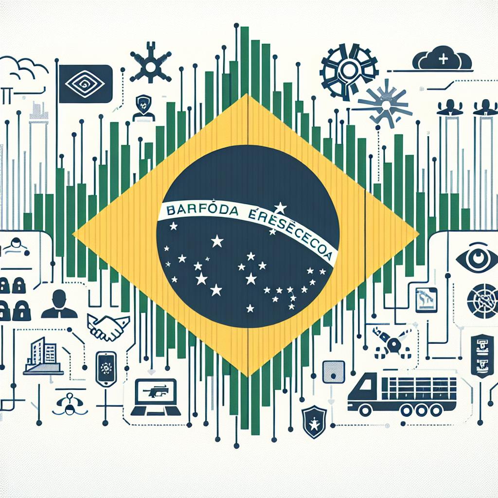 Generate an image in a flat, corporate style with a white, textureless background. The art should be vector-style and in 2D linear perspective. The image should visually represent the partnership between Brazilian States and a major defense conglomerate, emphasizing the importance of technology in battling organized crime. Key elements should include the Brazilian flag, symbolizing the union of states against crime, icons for artificial intelligence demonstrating innovation, and the representation of Brazilian borders to highlight the focus on border surveillance.