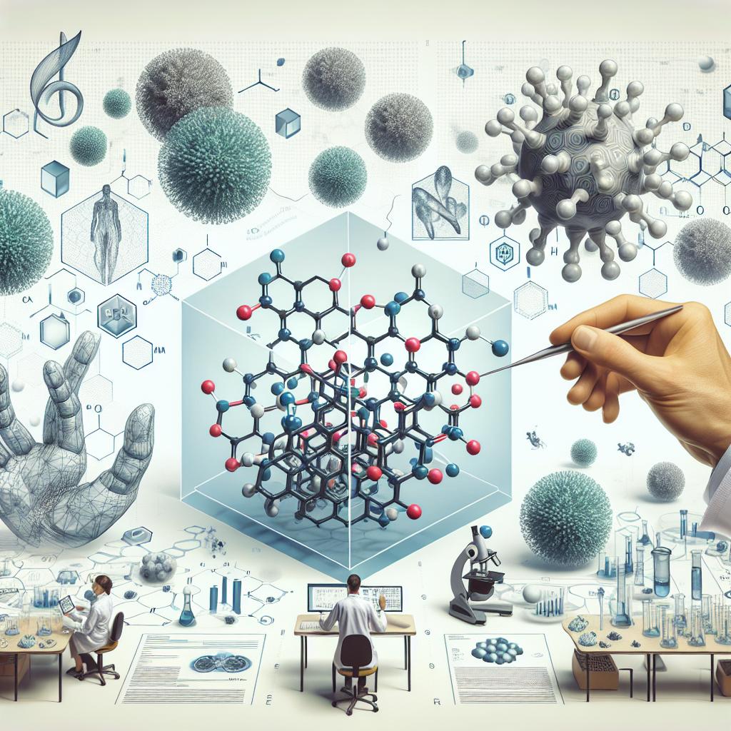 Create a scientific illustration in flat, corporate style and 2D linear perspective on a plain white, texture-less background. The image should depict the interaction between molecules and proteins, highlighting the innovative technology of IDOLpro. Add elements like cells to represent the biomedical field, intricate molecular designs that symbolize the focus on molecular design. A research laboratory setting backdrop could add perspective. Incorporate symbols of technology to signify technological innovation. The IDOLpro technology is shown as a promising advance in employing quantitative models for molecular simulation in drug discovery.