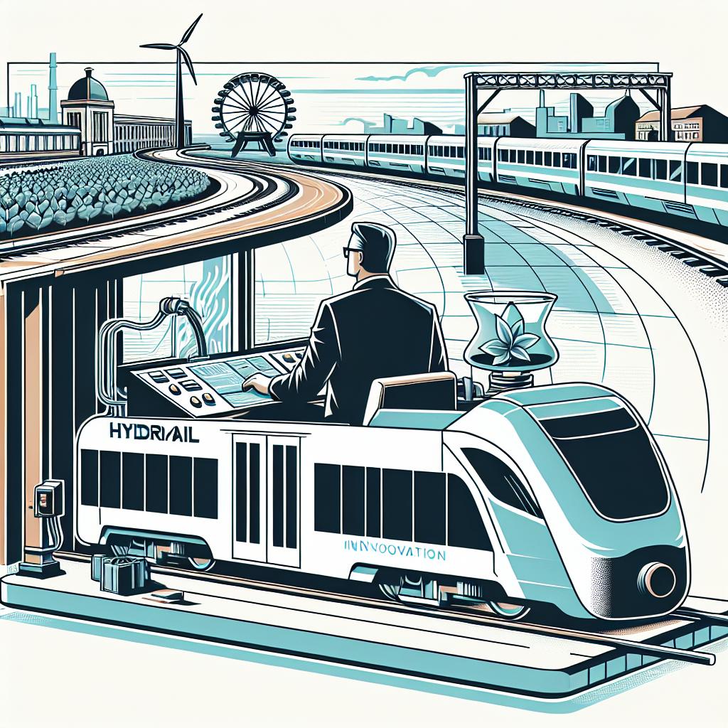 A visionary engineer is sitting at the controls of a hydrogen-powered hydrail train, symbolism of innovation in railway transportation. In the background, a railway landscape signifies the sustainable future of the sector, with operating trains and a modern station. The image has a 2D linear perspective and a white and textureless background. It is rendered in a vectorial, flat and corporate style, reminiscent of designs from pre-1912 era but modernized. The additional elements are the hydrail train representing innovation, railway landscape for sustainable future and modern station indicating sector modernization.