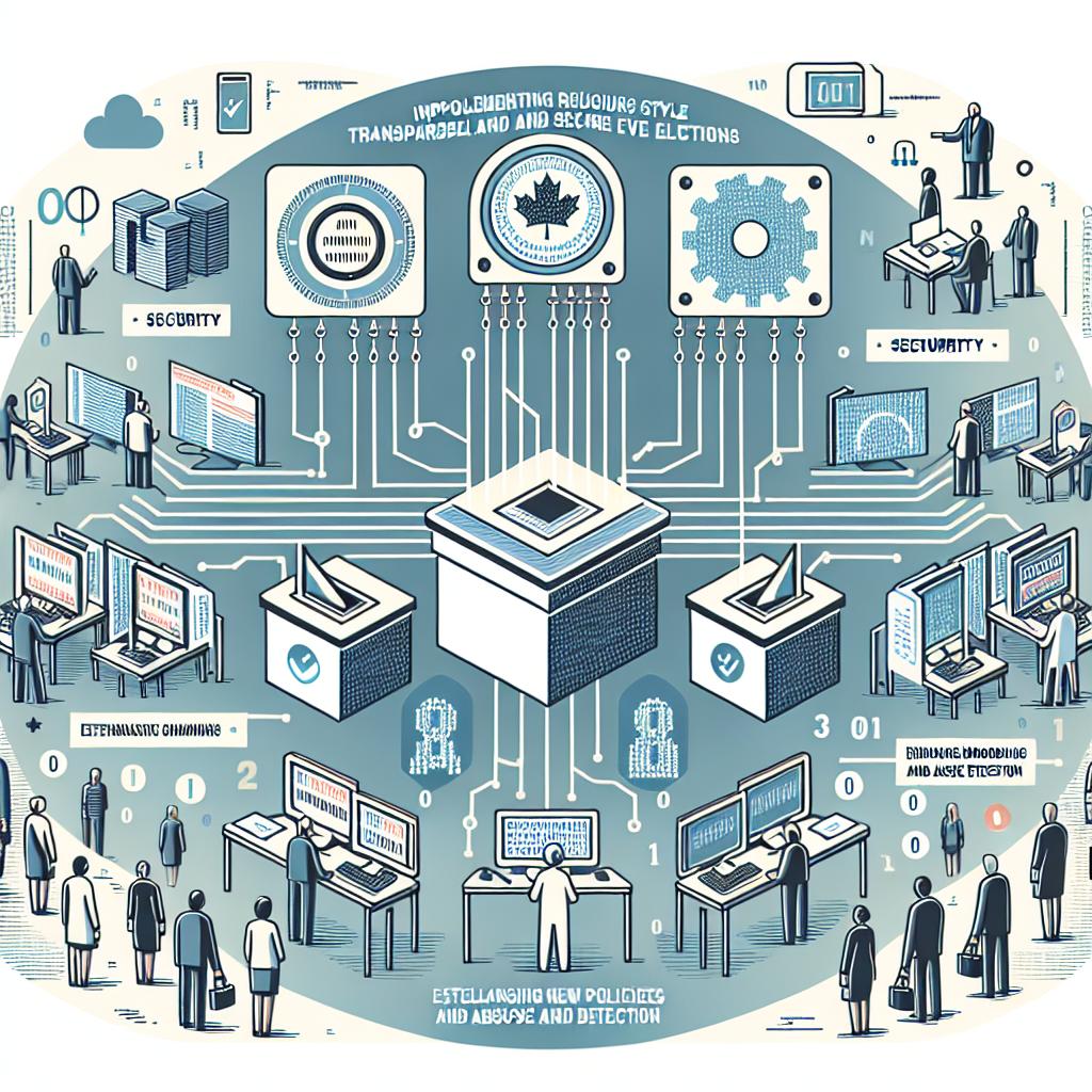 Create a corporate style vectorial, flat, and 2D image. The scene is set against a white and texture-free background. Front and center, visually depict the action of ensuring transparent and secure elections via AI technology. Key elements to include are electronic voting machines, security charts, citizens of diverse descent and gender participating in voting, binary code for association with technology and AI. Instead of a specific company logo, denote an abstract tech company through an imaginary emblem or symbol. Visualize the company's efforts in implementing rigorous measures to prevent misuse of their AI technologies, including establishing new policies and enhancing monitoring and abuse detection. The essence is to demonstrate the marriage of technology and voting for transparent elections.