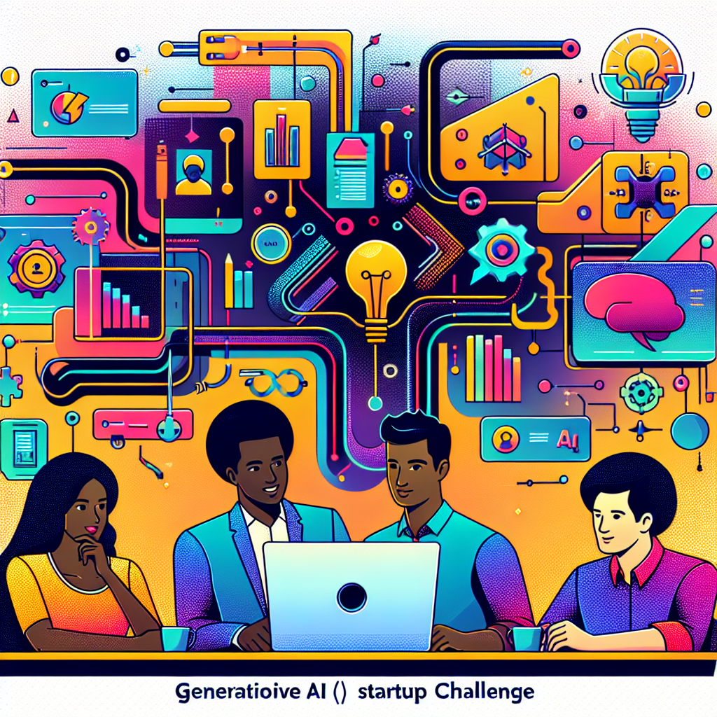 Craft an image in a corporate, 2D, flat vector style, set against a textureless white background. The scene is animated with a group of diverse young entrepreneurs - a Middle-Eastern woman, a Black man, a South-Asian man, and a Caucasian woman, all gathered around a laptop, discussing ideas. Vibrant digital graphics and AI icons form a backdrop, symbolizing data and innovation in generative AI. A representation of a laptop signifies the Databricks technology and platform. The use of vibrant colors portrays the energy and enthusiasm of the challenge. Additionally, introduce prize icons to emphasize the rewards being offered in 'Databricks Generative AI Startup Challenge'.