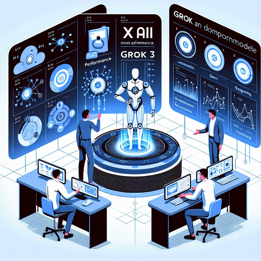 On February 17, 2025, a prominent AI company named xAI, known for its influential tech-entrepreneur founder, launched Grok 3, its most advanced model, promising superior performance compared to competitors such as GPT-4 and Gemini by Google. It's an illustrative image of the Grok 3 model at work, highlighting its data analysis and reasoning capabilities. The image is in a flat vector style with a corporate theme. The image's backdrop should be void of texture and in unblemished white. The perspective is 2D, linear. Additional elements include a visual representation of the Grok 3 AI model, performance comparison graphs against competitors, animations showing the new DeepSearch functionality, user interaction displays on the app interface, and the identifying logo of xAI.