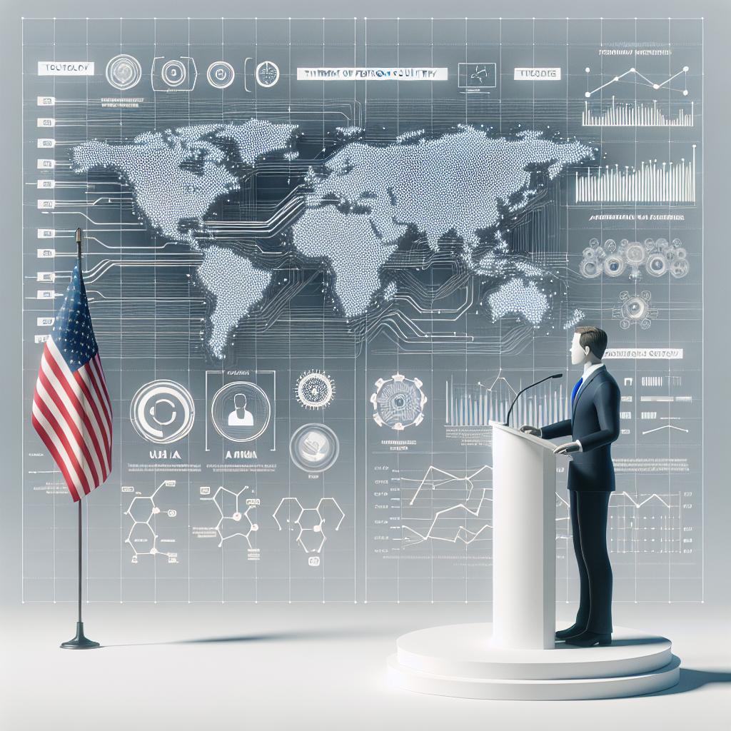 Title: The Future of AI in the USA. Visualize a generic politician making a speech about the rising threat of technology from a foreign country. The politician stands in front of technology graphs and a timeline of AI advances, giving the image a corporate, flat, vector feel. The white, texture-less background allows the focus to remain on the speaker and the tech progress. Emphasize the representation of 2D linear perspective. Additional elements include the following: Technology graphs symbolizing the advancement of artificial intelligence, a timeline representing the evolution of AI over the years, and an American flag symbolizing the defense of the national industry.