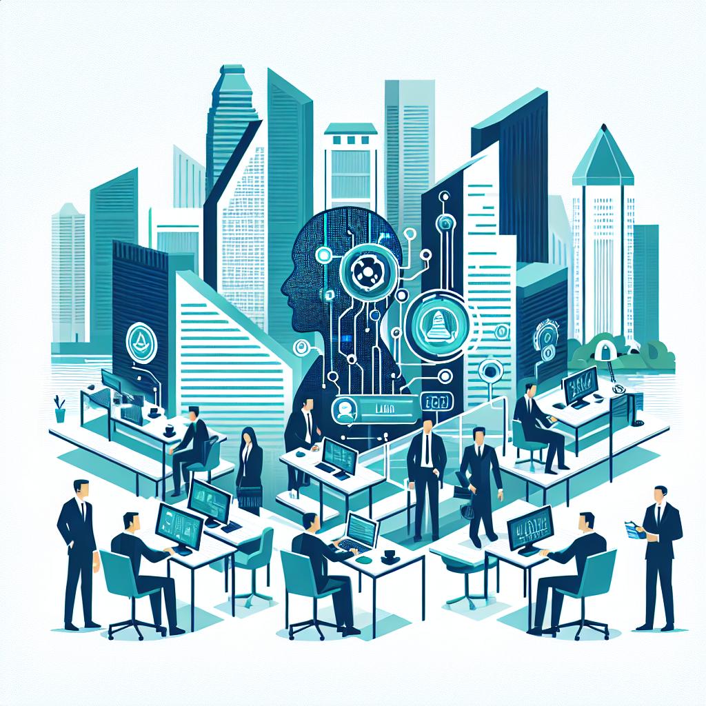 Create an image in a corporate, flat, vectorial style that portrays the innovation in the legal practice field. The setting should be a modern office environment in Singapore, which reflects an up-to-date professional atmosphere. The main colors of the image must be in shades of blue and green, suggesting technology and reliability. In the foreground, envision the interaction between legal professionals and technology. Elements such as artificial intelligence icons should be prominently featured to symbolize the use of generative AI tools in the legal sector. The entire scene should be set against a texture-less white background, keeping it 2D and linear.