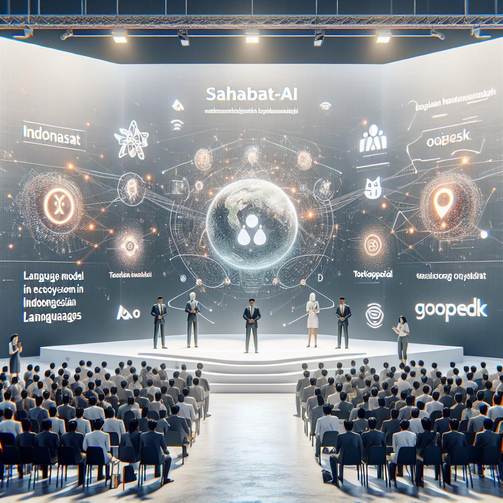 In a 2D spaces with white, untextured background, depict a corporate style launch event. The main highlight of the scene is the presentation of a technological breakthrough called Sahabat-AI, a language model ecosystem in Indonesian languages introduced by leading telecommunications company Indosat Ooredoo Hutchison and major technology conglomerate GoTo Gojek Tokopedia. To demonstrate this, include a large, prominent banner with the name 'Sahabat-AI' and its mission. Include representatives from both Indosat and GoTo, symbolizing a partnership between telecom and technology. Place these figures on a stage, the area of technological innovation presentation. Also, show an enthusiastic audience indicating societal interest and support towards the project.