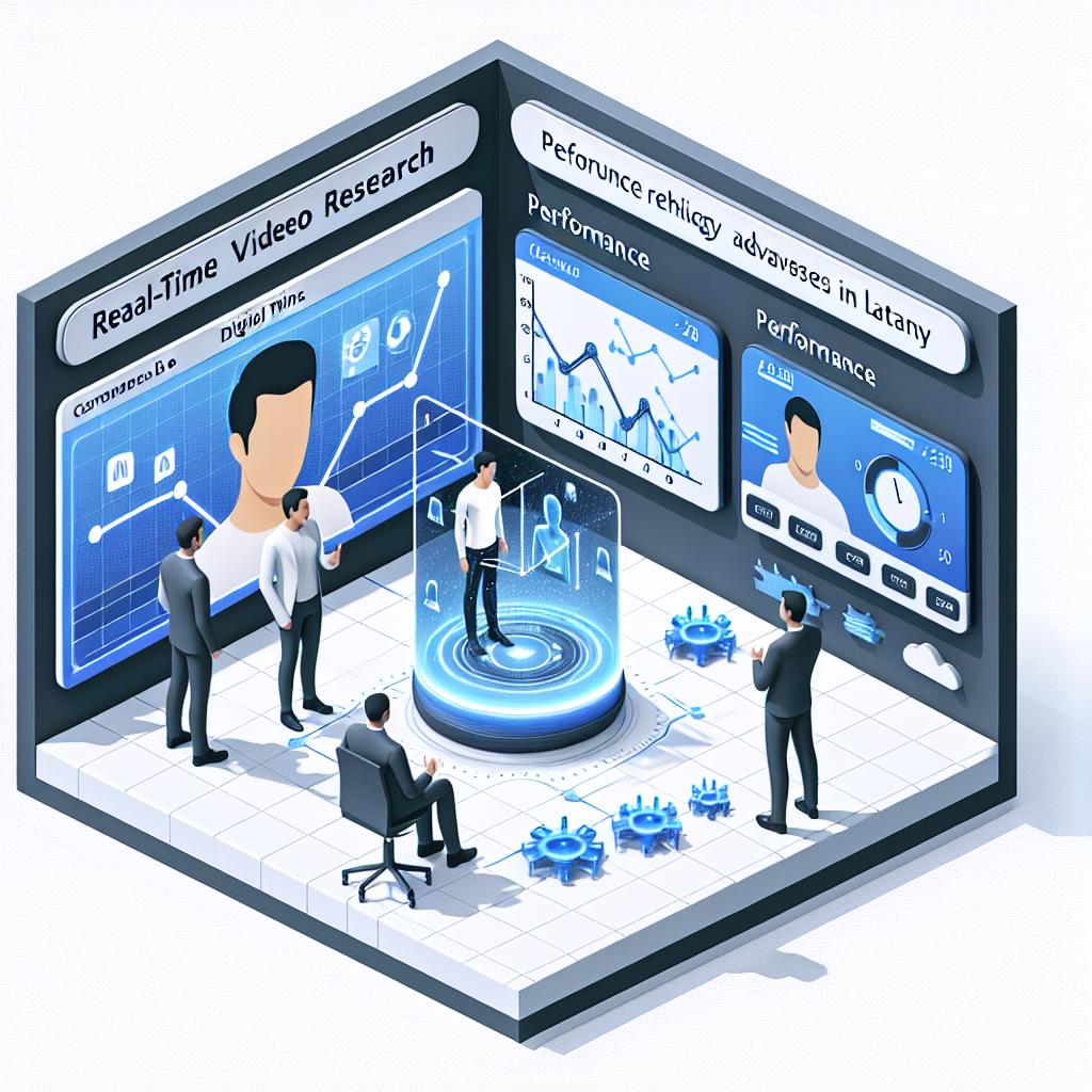 Picture a 2D, flat vector style corporate scene set against a white, textureless background. This scene presents an innovative picture of real-time video research. In the center, there's an interactive screen demonstrating real-time video technology from Tavus.io. On the screen, a virtual representation of a user is having a conversation, illustrating the concept of digital twins. Behind this, performance charts evidence advances in latency. The integration of Cerebras' inference technology with Tavus.io's digital twin system is visually conveyed in this depiction.