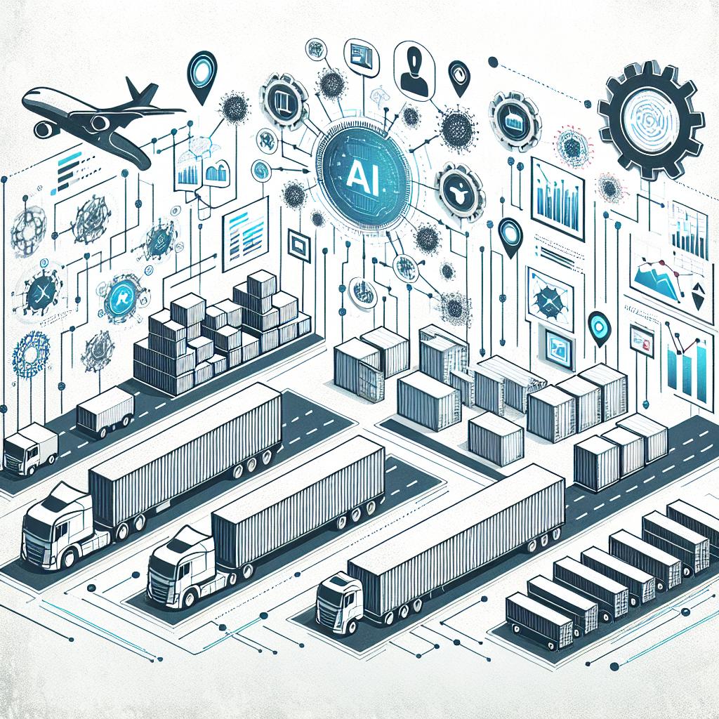 Create an image reflecting the transformation of logistics through the use of innovative AI technologies. Use a modern, 2D vector graphic style and keep the background plain, textured white. Within this image, include elements signifying efficient transport, such as trucks, as well as containers. Also, include graphics (charts, graphs) that symbolize real-time data analysis. Add icons that represent the incorporation of modern AI technologies into these systems. To illustrate the logistics infrastructure, depict warehouse structures in the backdrop. Throughout, maintain a corporate, flat design aesthetic that emphasizes automation and the integration of AI technologies.