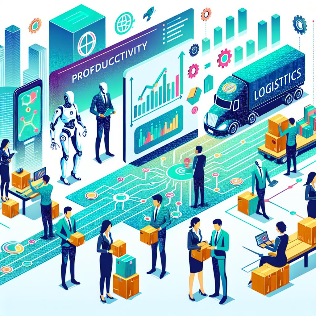 Create a futuristic vision of logistics with AI. The image should be a dynamic illustration showing AI agents interacting with logistics professionals of diverse descents and genders, working in a modern, collaborative work environment. Style the image with vector art, and a flat, corporate aesthetic, in a 2D linear perspective. The AI agents symbolize automation and efficiency in logistics, while the logistics professionals represent collaboration between humans and technology. The modern environment refers to digital transformation in the sector. Include productivity charts indicative of expected improvements, and use vibrant colors to reflect innovation and an optimistic future. The background should be clean, white, and without texture.