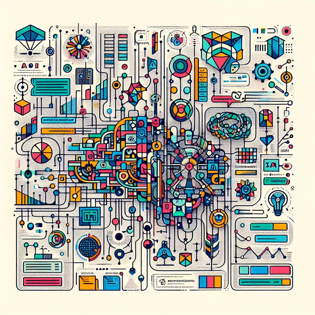 Create a 2D, linear, vector-style image with a corporate feel, set against a white, untextured background. The image should visually represent various innovations in Artificial Intelligence as reported in the last issue of the 'Replicate' weekly newsletter published on July 11, 2024, including the development of new synthetic data sets and technological advances shaping the future of AI. This includes depictions of language model graphs denoting the complexity and evolution of AI models, images created by AI showcasing the applicability of text-to-image technology, and symbols of collaboration emphasizing the significance of the open-source community. Employ a vibrant colour palette to convey innovation and creativity.