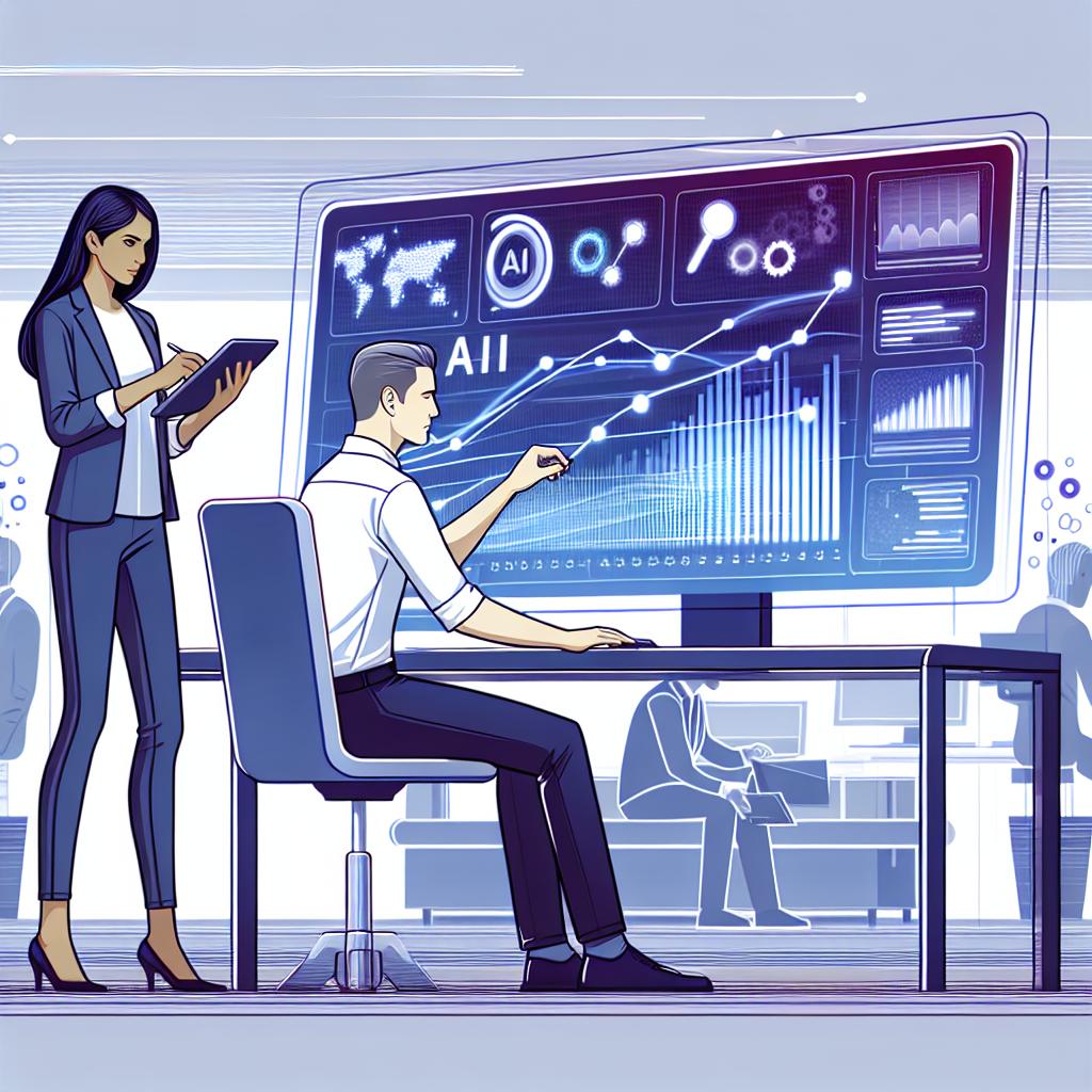 Illustrate an image of a modern workplace where professionals, a Caucasian man and a South Asian woman, are analyzing data in a technologically advanced scene. They are focused on a large monitor showing real-time data analysis with moving graphs. These graphs symbolize the dynamic market and innovation. The digital background represents the seamless integration of transactional data for AI. Style the image in a 2D, linear perspective following the rules of vector art and corporate flat design. Use a white, texture-less background for the overall image.