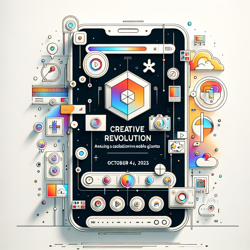 Imagine a creative revolution marking a collaborative journey between two tech giants, announced on October 4, 2023. Visualize a screen from the revolutionary mobile application 'Magic Media', combining graphic elements and video, positioned in a white, texture-less background. The appearance of the overall frame should adopt a vectorial, flat, and corporate style depicting a 2D, linear perspective. Additional elements to visualize include emblems of design and video functions to symbolize the offerings of this partnership, a colorful backdrop to encapsulate a vibrant, creative atmosphere, and unbranded symbols that give the essence of the two tech giants involved.