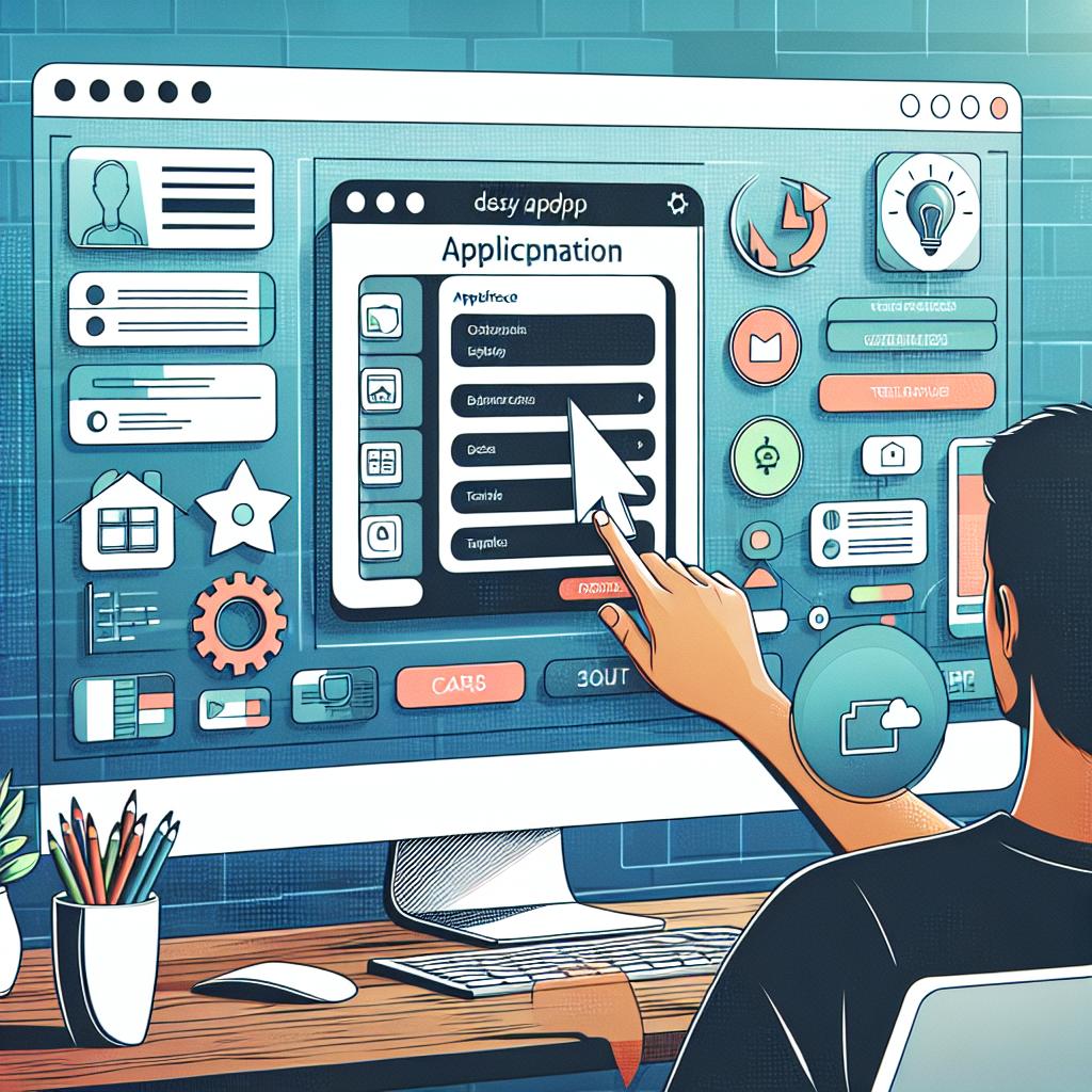 Create a 2D incorporated, vectorial, and flat design image, showcasing the ease of an application development interface. A software developer of an unspecified descent is featured, interacting with a generic online platform on a computer in a modern office environment, symbolizing easy app creation. The interface display exhibits graphic elements like menus and options. Extra elements on the screen might include charts and template choices. Use vibrant colors in the image to evoke a sense of modernity and technology, all against a non-textured white background.