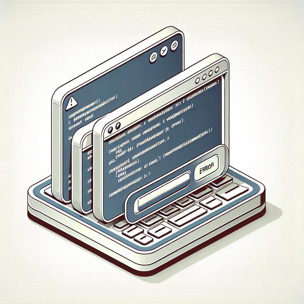 Create a 2D and linear perspective vector-style image that has a corporate feel. The image should represent a browser console showing an application error against a flat, no-texture white background. Display some coding elements along with a prominently featured error notification, indicating the user action is necessary. The console symbolizes the context within which the error occurs, while the error code reflects the technical nature of the problem.