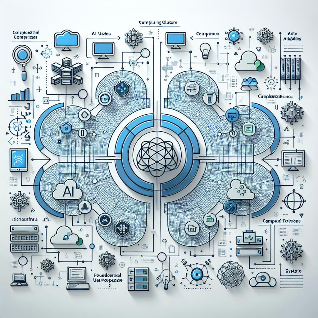 Create a 2D, linear perspective image that captures the interconnected world of AI Hypercomputer, in a flat corporate and vectorial style on a plain white background. The image should focus on four foundational use cases that promise to optimise AI inference and training models. The composition should suggest constant technological evolution and therefore, must hold symbols of computing clusters, artificial intelligence, and cloud solutions. Additionally, include in the composition: shades of blue and green, symbolising technology and innovation; cloud and AI icons, representing focus on cloud computing solutions; and data graphics, symbolising efficiency in processing large volumes of data.