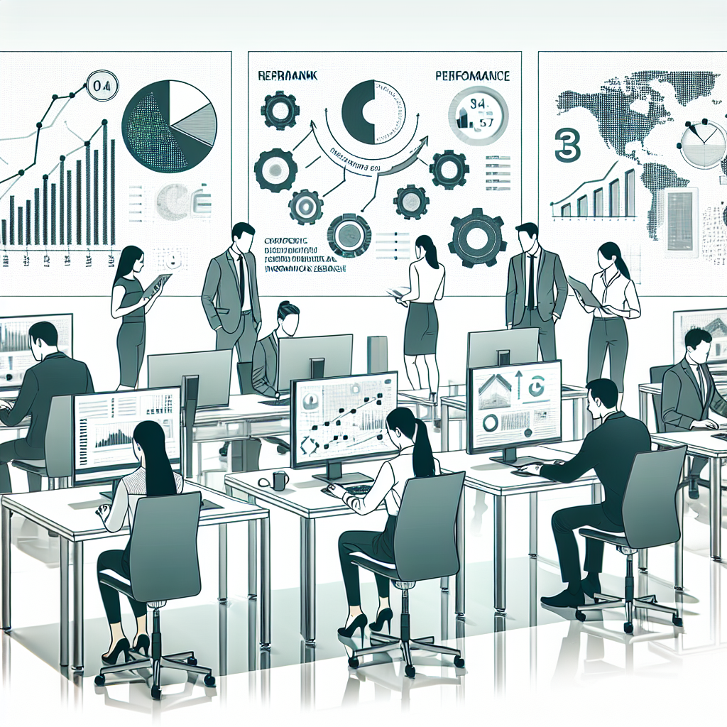 Create a 2D, linear image in a vector, flat, and corporate style on a white, textureless background. Display a modern office setting with diverse professionals using computers. They are a mix of Caucasian, Hispanic, Middle-Eastern, and Asian men and women. Performance charts and data are floating around them, symbolizing the efficiency in information search. A screen in the background displays the interface of a new model called Rerank 3, highlighting the focus on the innovative product. The inclusion of computers represents the technology used by the companies and the office environment suggests a contemporary corporate setting.