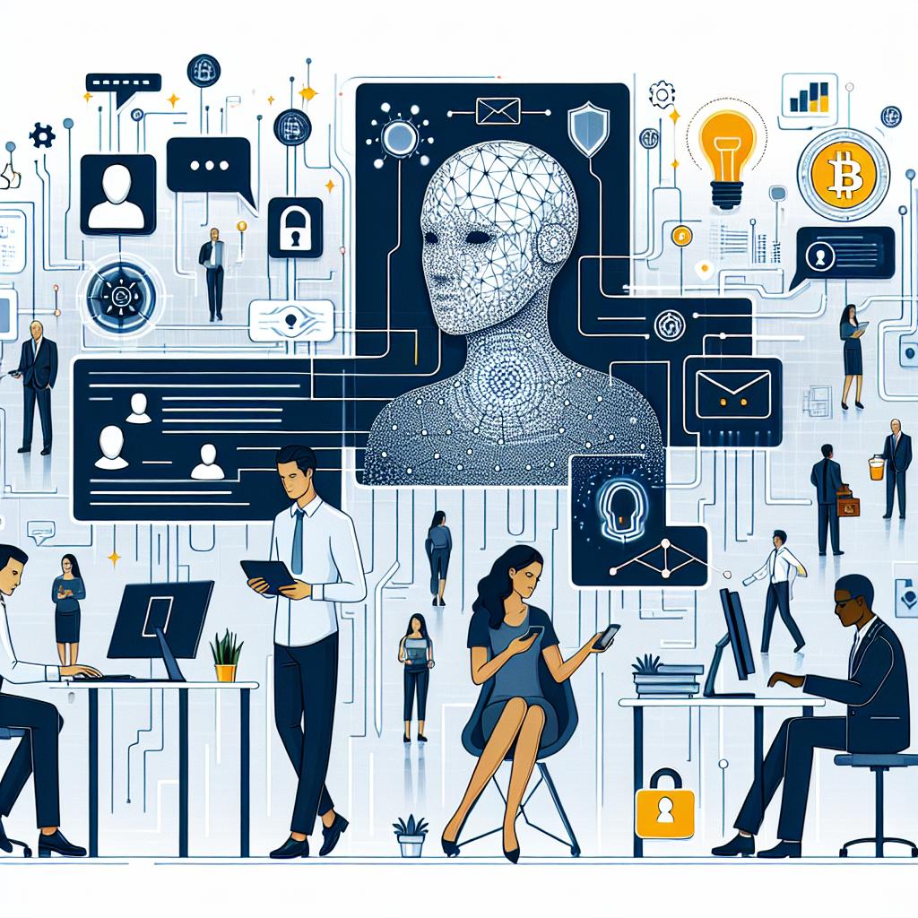 Create a Futuristic Digital Identity concept in a corporate, flat and vector style. Depict autonomous AI agents, represented as modern, sleek figures, interacting with diverse users on digital platforms. Portray a Caucasian female software engineer working on her computer, an African male BTC trader checking his digital wallet on his smartphone, and a Middle-Eastern gender-neutral researcher interacting with a data cloud. Situate them in a 2D, linear digital urban landscape, symbolising the connected society. Incorporate digital security icons, like padlocks and shields, to highlight the importance of identity verification. Also, include luminous lines connecting humans and agents, illustrating the network between them. The background should be white and untextured.