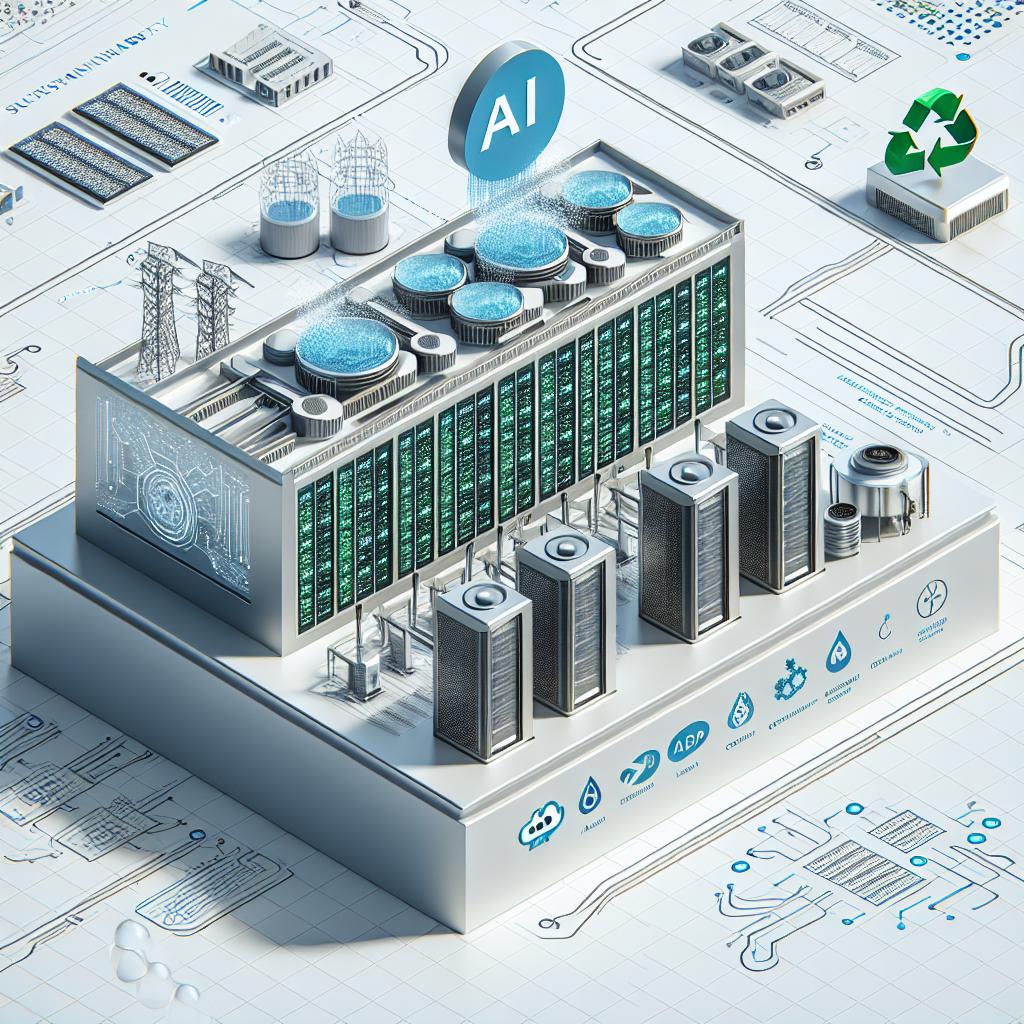 Create a 2D, linear perspective image in a flat corporate vector style on a white, textureless background. The visual composition should depict a modern data center filled with AI chips, symbolizing advanced technology and representing an optimized infrastructure. The center should include liquid cooling equipment to emphasize energy efficiency. Incorporate sustainability graphics to highlight the environmental focus. This image symbolizes the collaboration between two hypothetical, unnamed, and non-specific tech companies operating in energy management and AI technology respectively, known for their recent release of a data center design integrating liquid cooling solutions and optimized uninterrupted power systems.