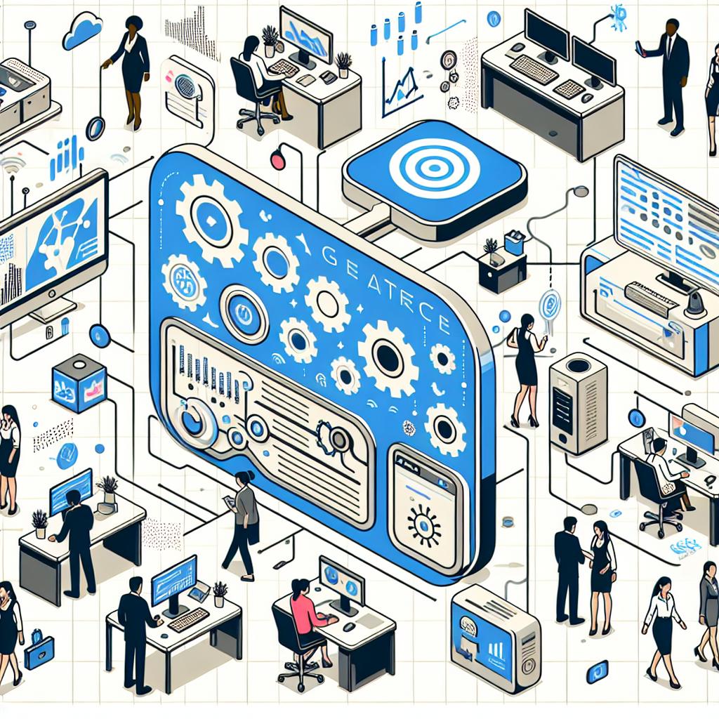 Imagine a flat, vector-style, 2D linear perspective representation of the Agentforce platform being integrated into corporate environments. The focus here is on automation and workplace efficiency. Set this entire composition against an untextured white background. Include various elements such as computers and mobile devices, representing the use of technology and connectivity. Illustrate workers of different descents and genders, such as a Black female employee, a Hispanic male employee, and a South Asian non-binary employee interacting with the platform to display the practical application of AI in the daily corporate routine. Finally, incorporate floating graphs and data, symbolizing the analysis and optimization of processes.