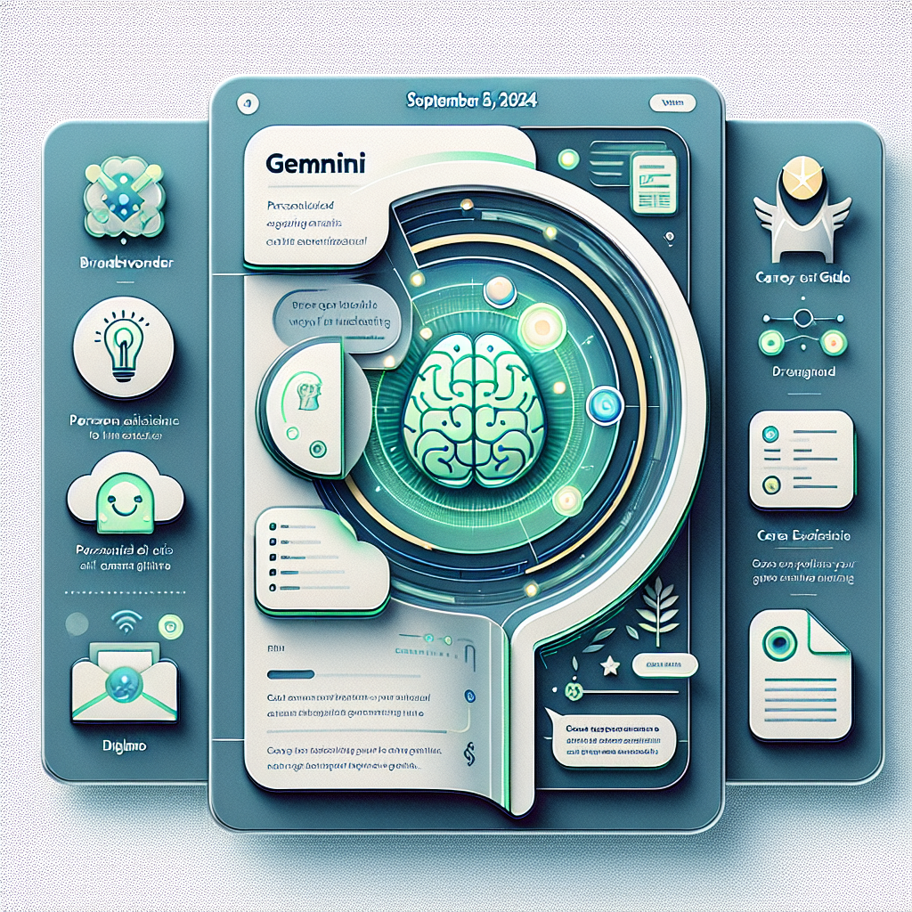 An image from September 5, 2024, showcasing a product manager's tips for using personalized AI assistants called Gems on the Gemini interface to simplify daily tasks and enhance the user experience. The image in a 2D, linear perspective, features a user interface of the Gemini with different Gems visible in the side panel each with unique icons like a brain for Brainstormer and a diploma for Career guide. The background design is smooth and technological, reflecting a digital environment, and is rendered in soft shades of blue and green to suggest a sense of technology and innovation. In addition, there are explanatory text pieces that highlight the core functions of the Gems and graphic elements symbolizing artificial intelligence and its application, all within a white, texture-less background. The overall style of the image is vector, flat, and corporate.