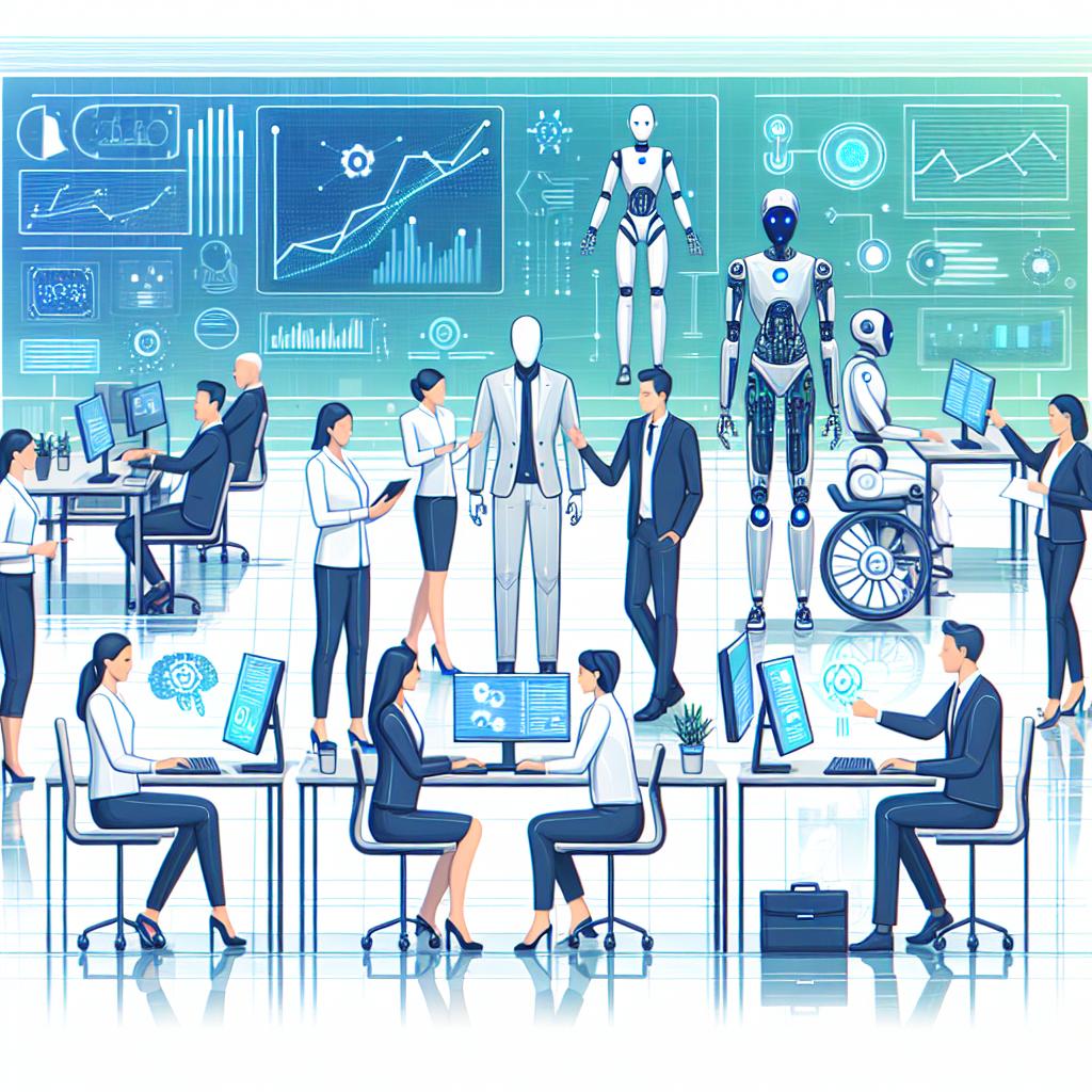 Create a detailed, flat, corporate-styled depiction of a futuristic Artificial Intelligence (AI) collaboration scenario. The scene takes place in a 2D, linear perspective, with a clean, white, texture-free background. Showcase individuals of various descents and genders, such as a Caucasian woman and a Middle-Eastern man, collaborating with AI assistants in a modern workspace. Incorporate technological elements like screens and charts to illustrate modernity and efficiency. Use tones of blue and green to craft an atmosphere of trust and innovation.