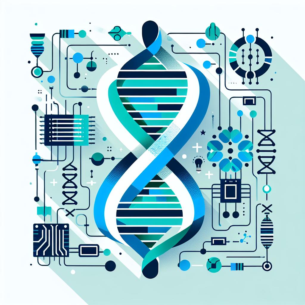 Create a 2D, flat and corporate style vector illustration on a plain white background. The concept represents the intersection of biotechnology and information technology as a breakthrough in data storage. The main elements should include intertwining DNA strands, signifying the basis of the new storage method, and electronic circuits showing the infusion of these two technologies. The image should also incorporate shades of blue and green, given their representation of science and innovation. Finally, the piece should be accompanied by the caption 'DNA Data Storage' to emphasize the focus of the image.