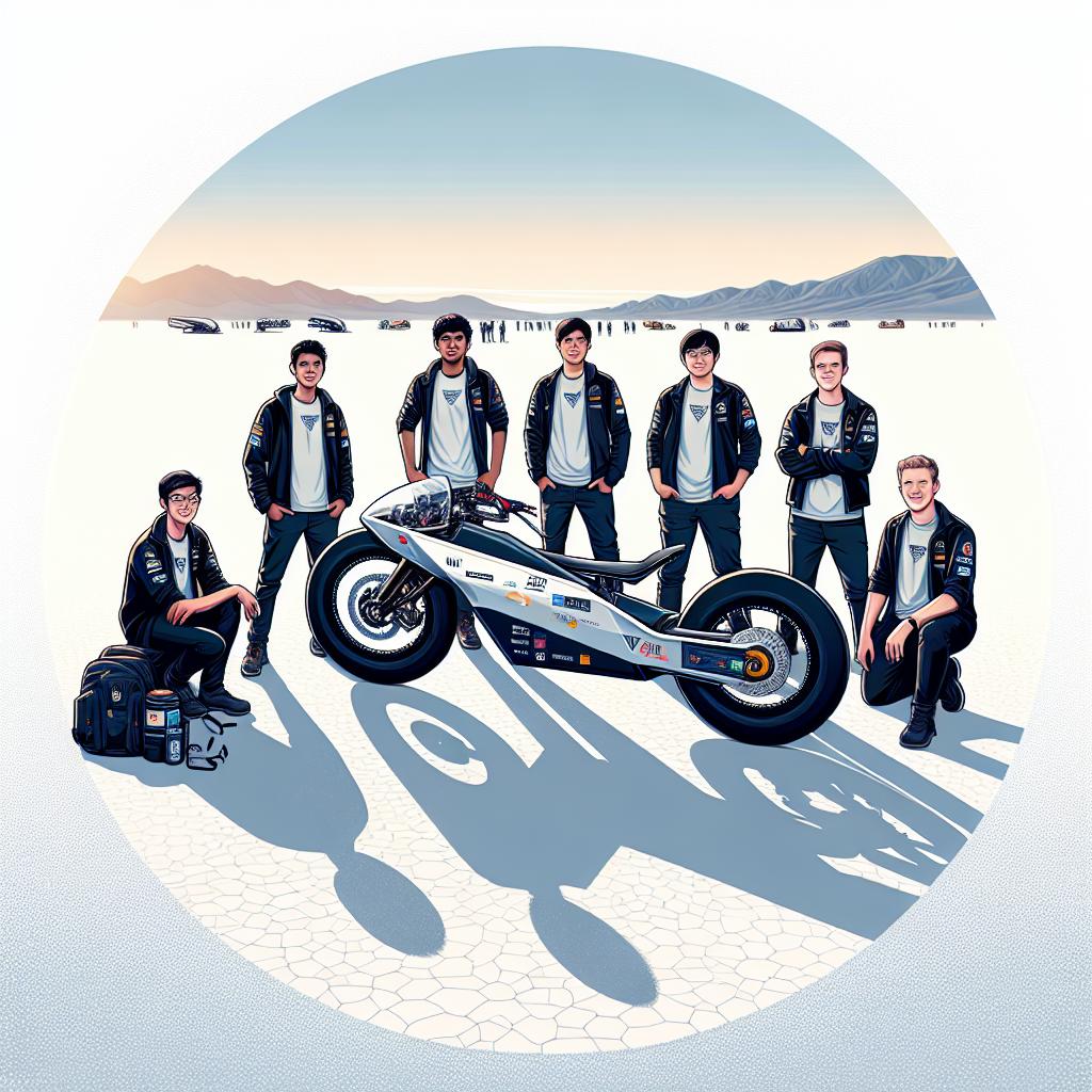 Display an image in a flat 2D, vector style using a smooth, white background. An enthusiastic team of engineering students of varied backgrounds including Hispanic, Caucasian and South Asian origin are seen gathered around their innovative electric motorcycle, the RW-5 Voxan. They are dressed in team apparel – possibly jackets or shirts – displaying pride in their collective achievements. The setting brings in elements of their challenging competition environment, showing an expansive salt flat landscape amidst a desert, with distant mountains in the backdrop. A significant part of the image focuses on the design and details of the RW-5 Voxan to highlight the technological innovation.