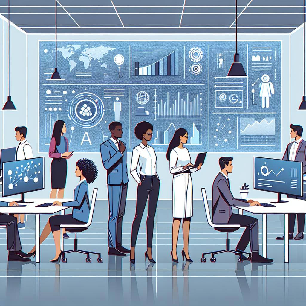 Create a flat, corporate-style, 2D linear perspective vector illustration of a modern office. It should display individuals, representing various business sectors such as a Black female engineer, a Hispanic male marketer, a Middle-Eastern female HR manager and a South Asian male programmer, interacting with technology. Depict high-tech screens showcasing charts and data, symbolizing insights provided by AI. The office environment should embody modernity and innovation. Utilize a white and texture-free background to keep the focus on the activity within the office.