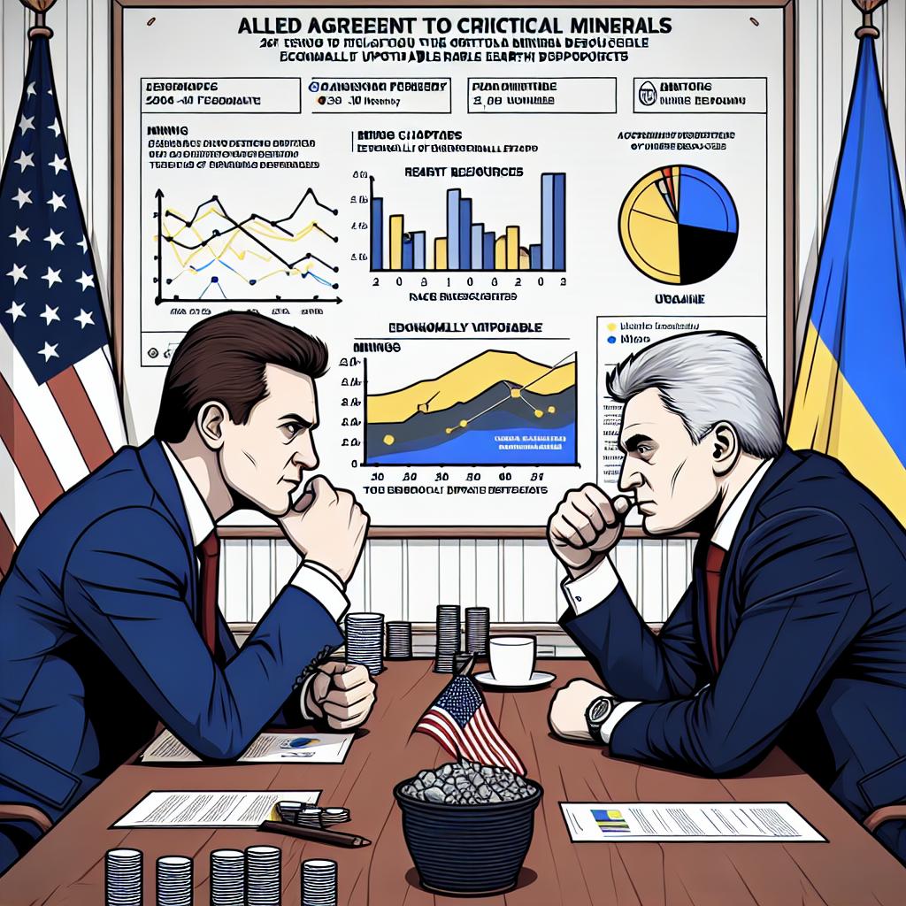 An image representing a tense meeting between two male political figures, one Caucasian and the other Eastern-European, on 28th February 2020, focusing on an alleged agreement about the exploration of critical minerals in Ukraine, deemed unfeasible by experts due to the lack of economically exploitable rare earth deposits. The scene captures the tension of the moment, with charts regarding Ukraine's rare resources in the background. The image style is vectorial, flat, and corporate on a white, textureless background. It is designed with a 2D linear perspective. Additional elements include mining graphs displaying the low economic viability of Ukraine's deposits, US and Ukraine flags symbolizing the countries' relationship, and representations of minerals symbolizing mining and rare resources.