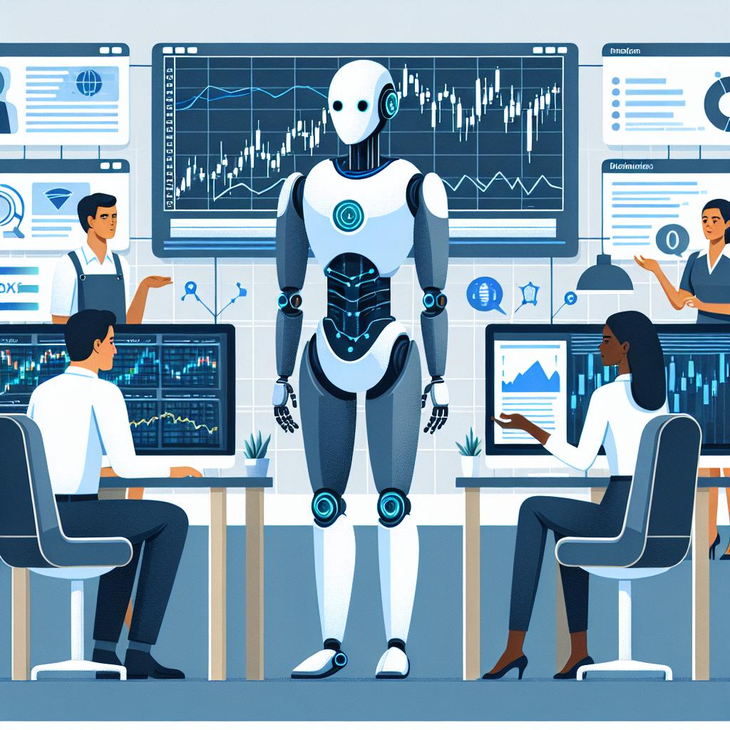Create a 2D, flat, corporate-style vector illustration on a plain white background. The scene is set in a modern financial office, filled with computers displaying investment charts. A humanoid robot, symbolizing artificial intelligence, is in the scene, actively analyzing real-time data. Additional elements include professionals of various genders and descents, such as a Hispanic woman and a black man, engaged in discussions about investments. These professionals represent the human understanding in finances, working alongside AI. The image represents the revolution of AI in finance.